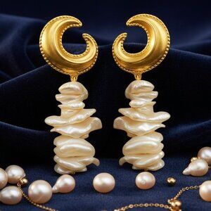 🆕️Crescent Moon Earrings with Baroque Pearls 18K Gold Plated Statement Jewelry